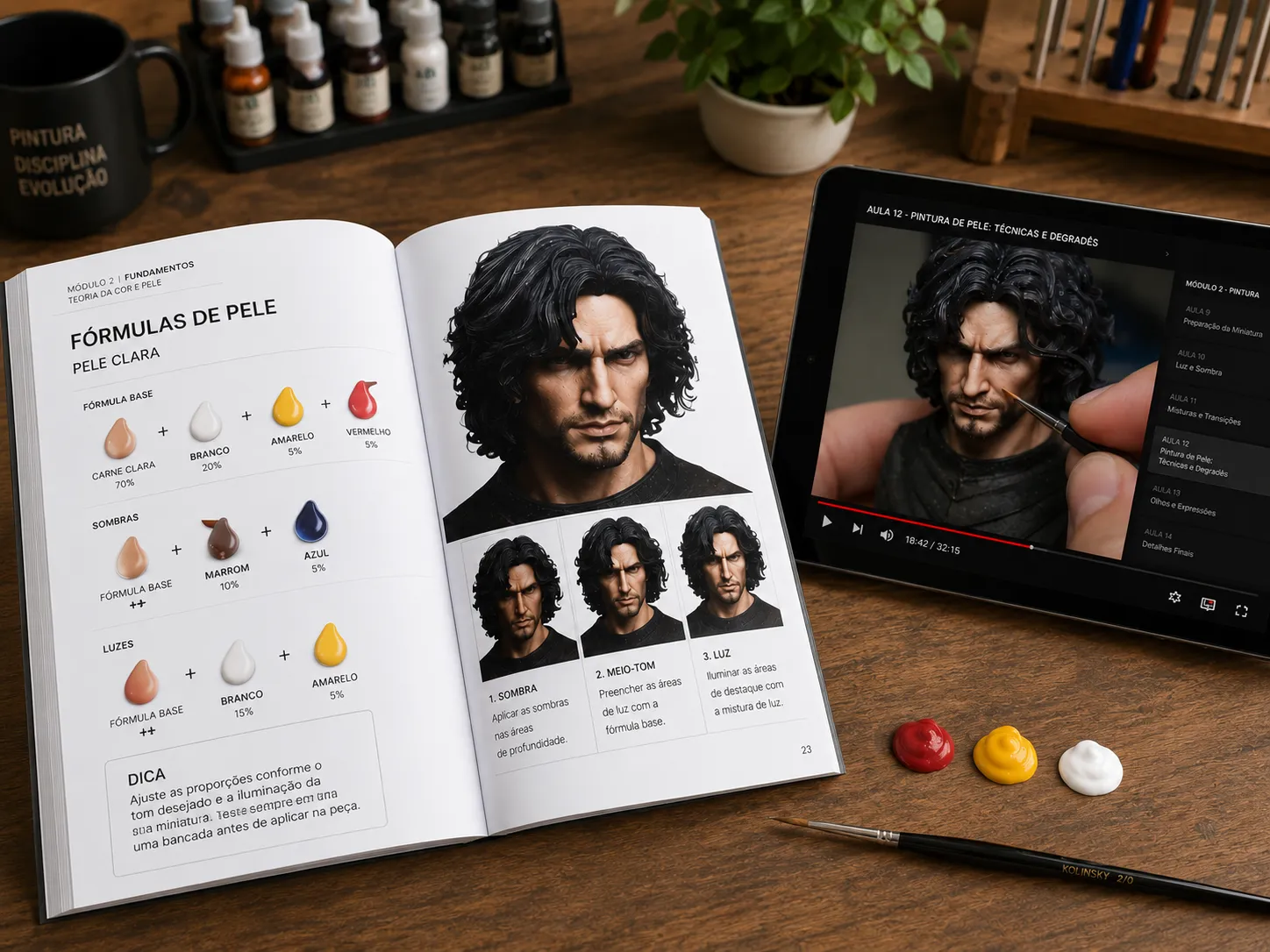 Mockup do kit com apostila, tablet e tintas